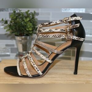 Cecelia New York $228 Leather High Heel Sandals Size 8.5 Black/Snakeprint